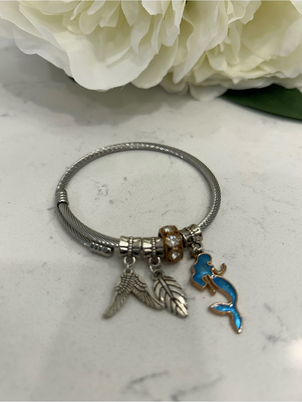 Silver Cable Bracelet with Blue Mermaid and Feather Charms